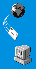 winodws 95 setup graphics: a mail envleope is flying from the earth towards a desktop computer.